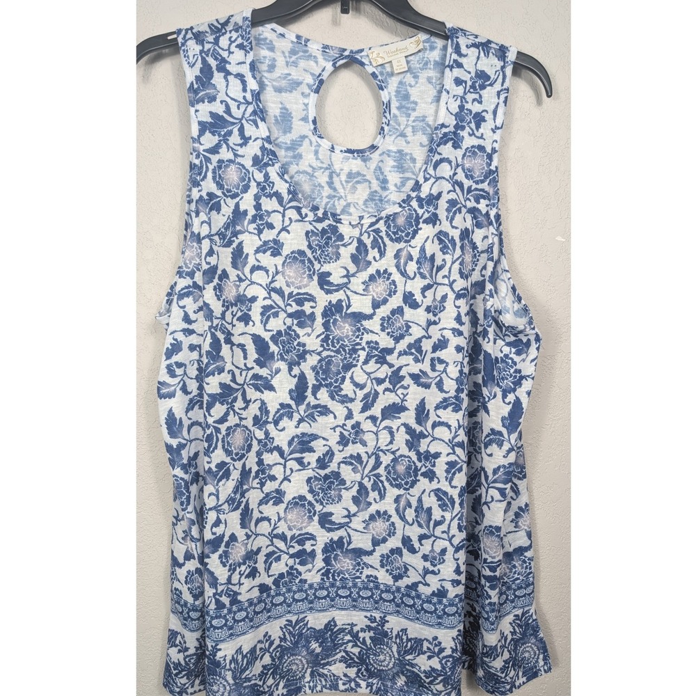 Weekend Suzanne Betro Tank Top Women 4X Blue Floral Keyhole‎ Back